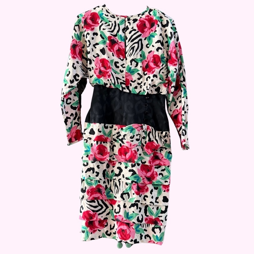Vintage 100% Silk A.J. Bari Animal Print Floral Tiered Fit Flare Dress Sz 6